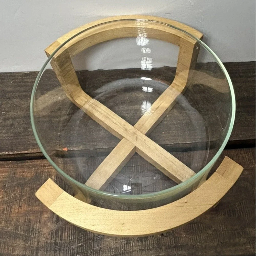 Glass Serving Bowl Sculptural Light Wood Cross Base Stand Centerpiece Modern